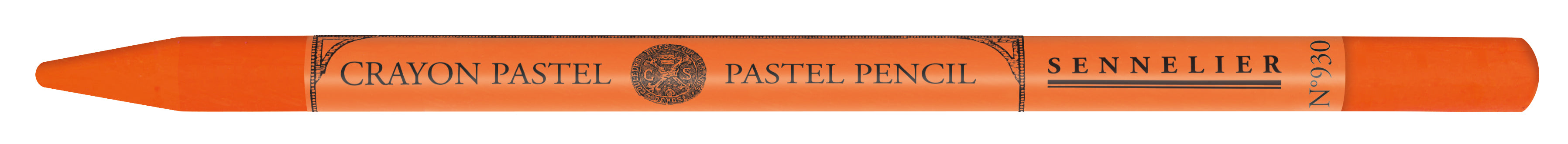 Orange pastel pencil with 'Sennelier' branding on a white background