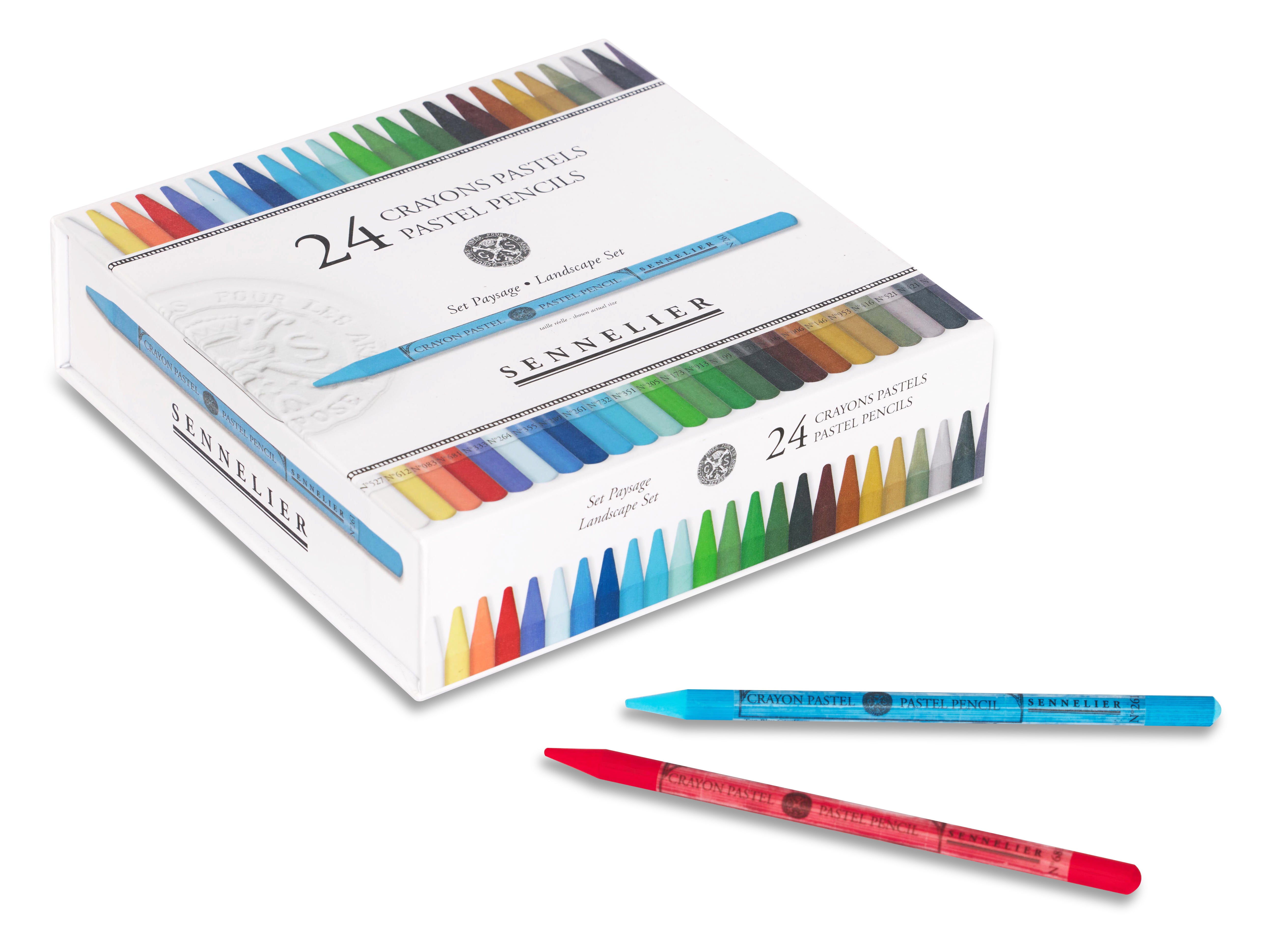 Set of Sennelier pastel pencils with a box on a white background