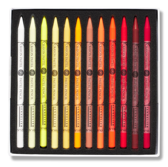 Set of pastel pencils in various colors with a black box.