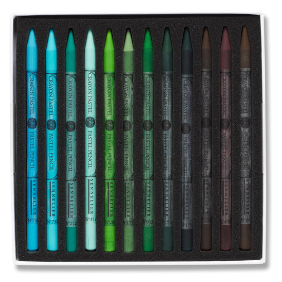 Set of colored pastel pencils in a black box