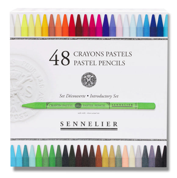 Packaging of Sennelier 48 pastel pencils with a display of colored pencils.