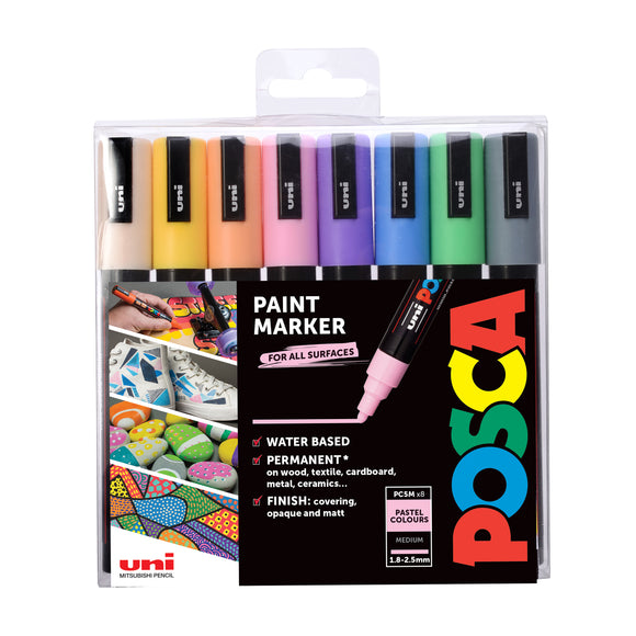 POSCA Medium Bullet tipped Marker Pens Assorted Pastel Pack of 8 pens PC 5M