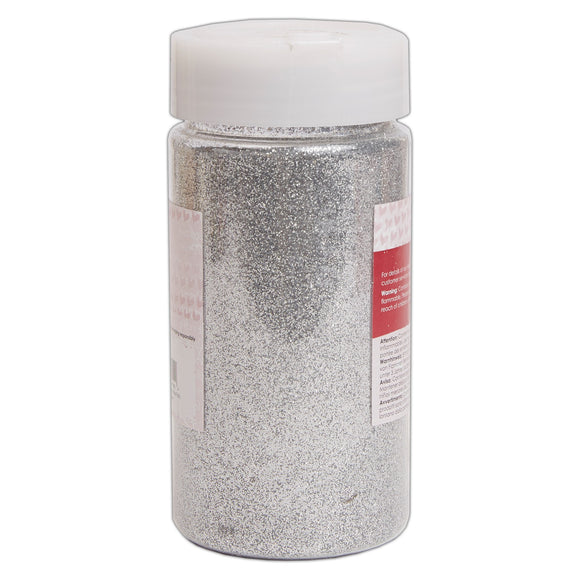 Jar of silver glitter with a white lid on a white background