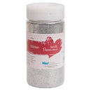 Jar of silver glitter with a red and white label on a white background