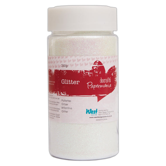 Jar of glitter with a red label on a white background
