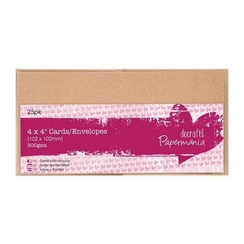 docrafts Papermania  4 x 4 inches Pack x 25 Cards & Envelopes 300 gsm- Recycled Kraft