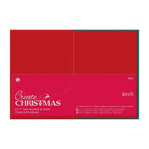 Red and green card and envelope set packaging with 'Create Christmas' text on a white background