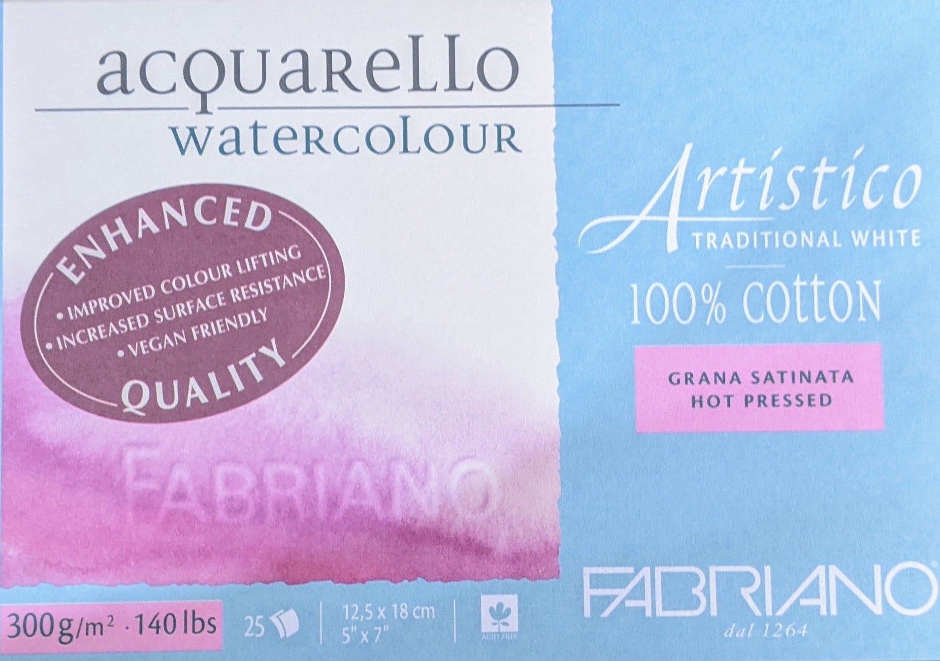 Fabriano Artistico 100 % Cotton 300 gsm Hot Press Satina Watercolour paper 5 x 7 " Block - 0