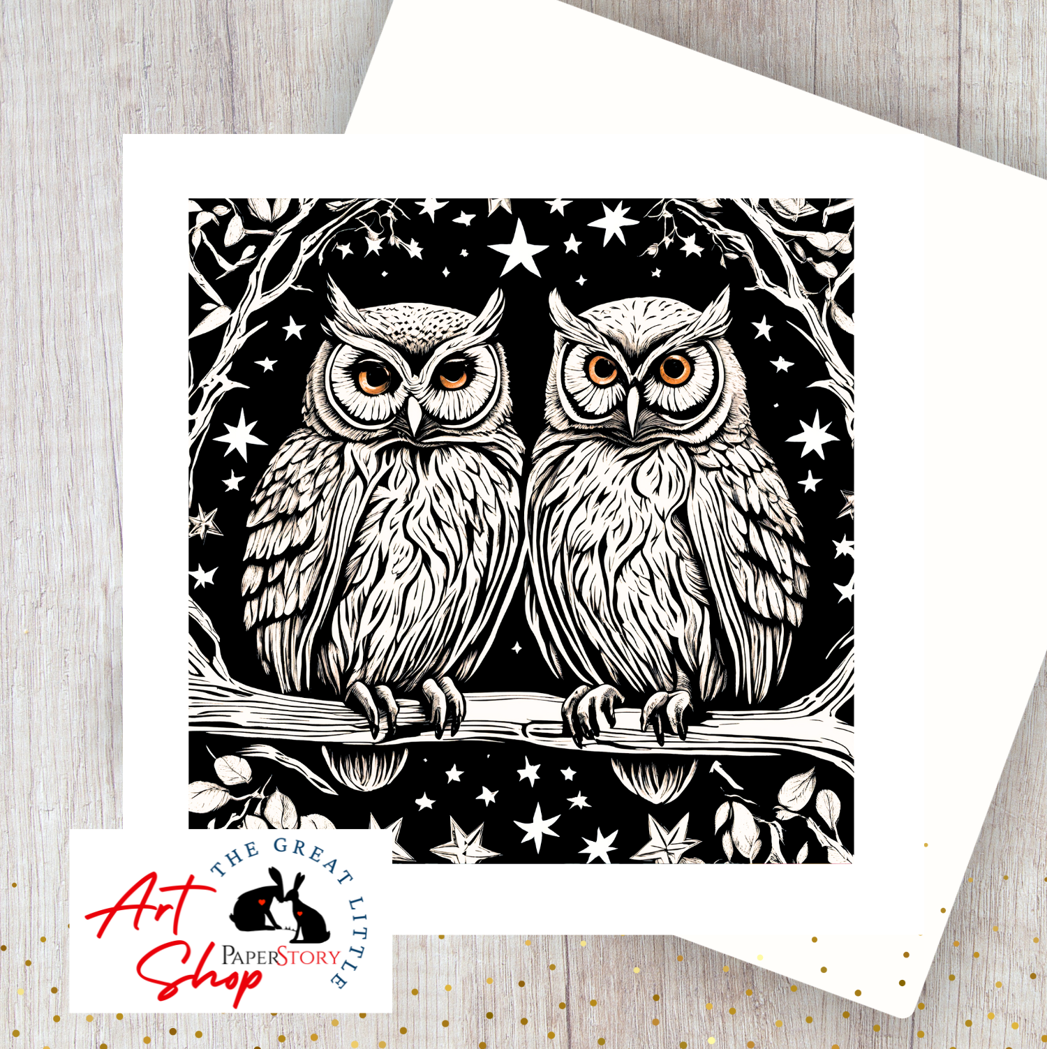 Pair of Hoots Greetings Card & Envelope owl on a branch in the style of a long cut