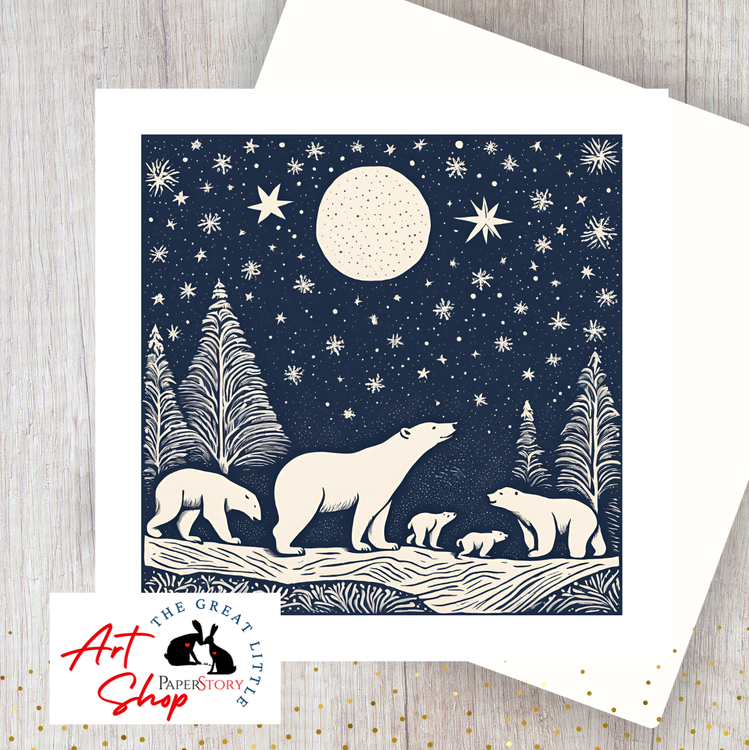 Greetings Card &nbsp;Polar Bear family&nbsp; in style of a Lino cut