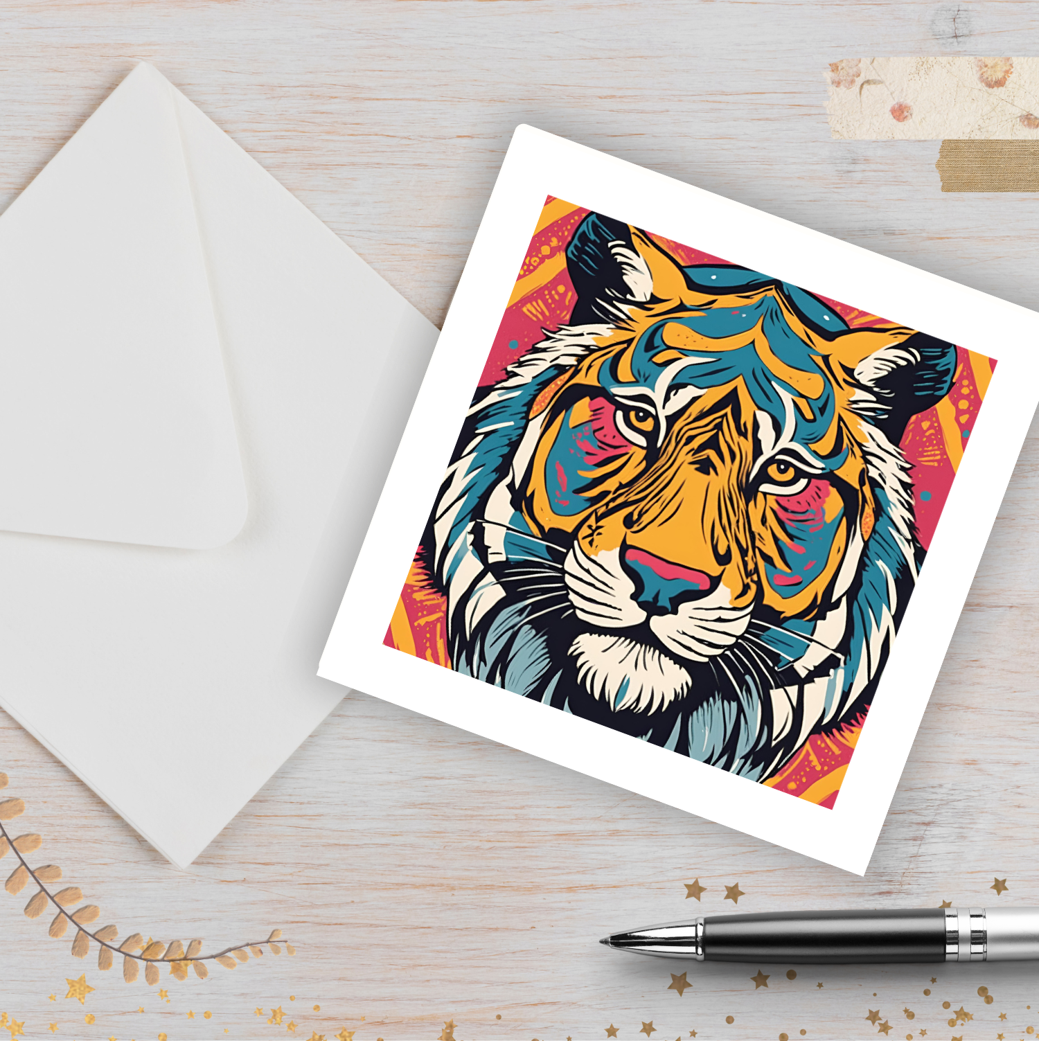 Cool Tiger Greetings Card & Envelope brightly coloured art