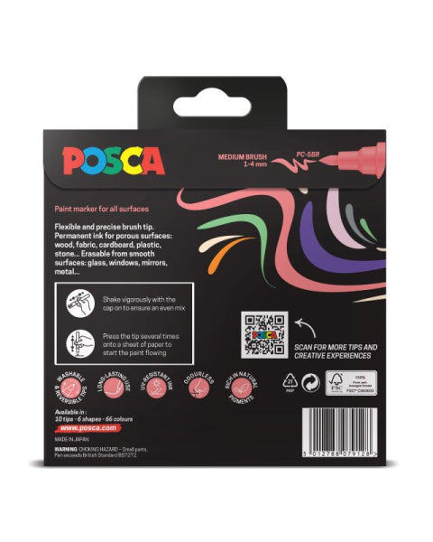 Back view of Posca paint marker packaging with colorful brush illustration and branding.