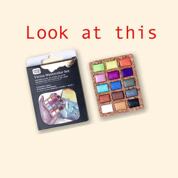 iva Mini Watercolour Paint Cork Set of 15 Metallic Colours