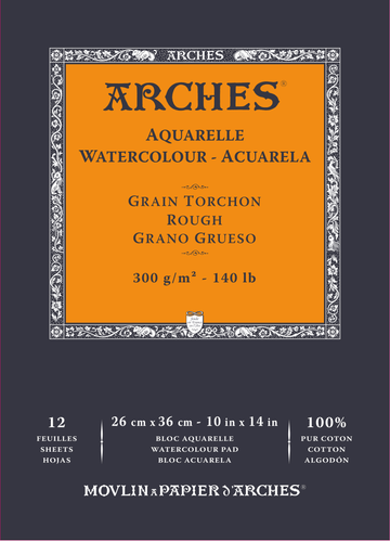 Arches 100% Cotton 300 gsm Watercolour Paper Rough x 12 sheets 26 x 36 cm (10 x 14 inches)