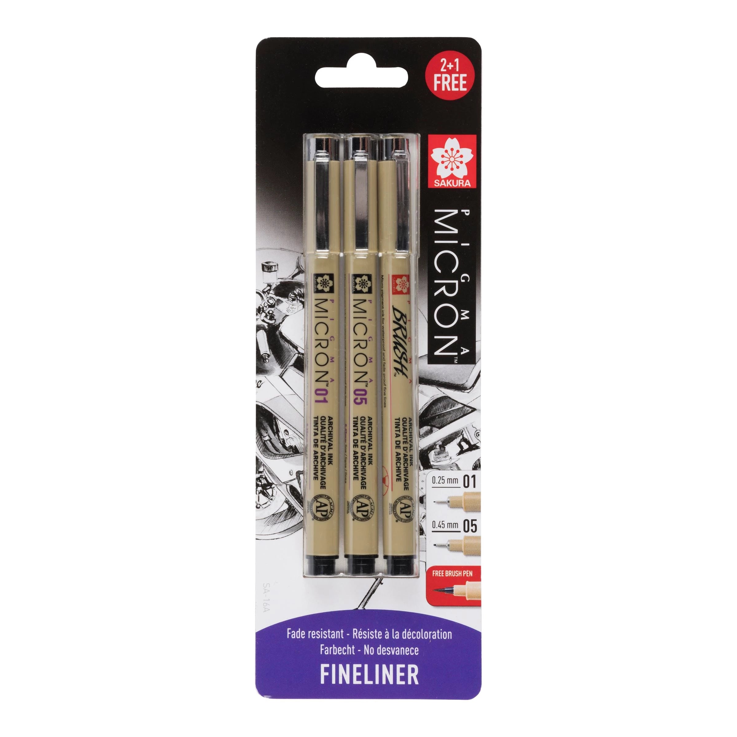 Sakura Pigma Brush Pen set of 3 black pens 0.25 mm + 0.45 mm + 1 Pigma ...