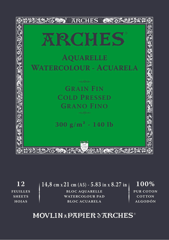 Arches watercolor paper packaging with green label and silver border on a black background