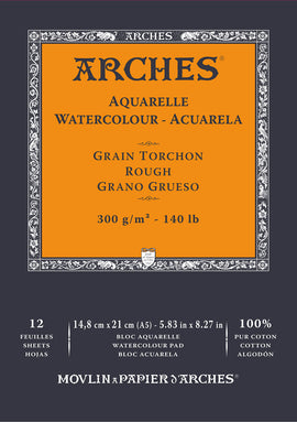 Arches 100% Cotton 300 gsm Watercolour Paper Rough  x 12 sheets Glued Pad A5 - 14.8 x 21 cm (5.8 x 8.2 inches)