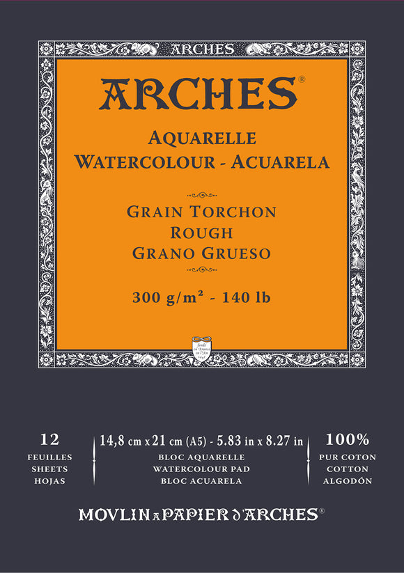 Arches 100% Cotton 300 gsm Watercolour Paper Rough  x 12 sheets Glued Pad A5 - 14.8 x 21 cm (5.8 x 8.2 inches)