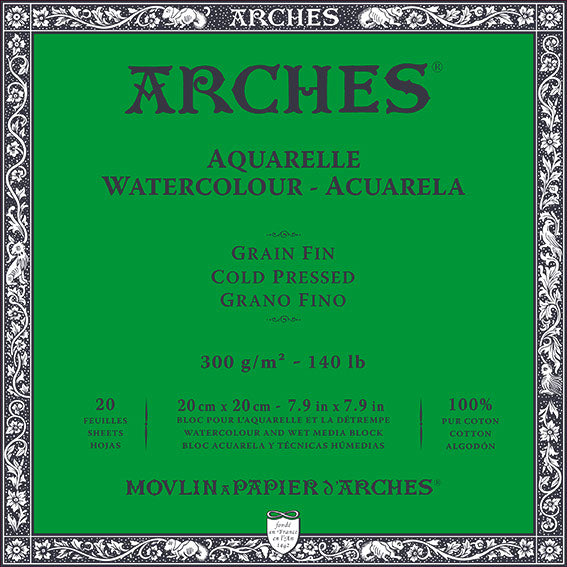Arches Aquarelle Watercolour paper packaging with green background and white text