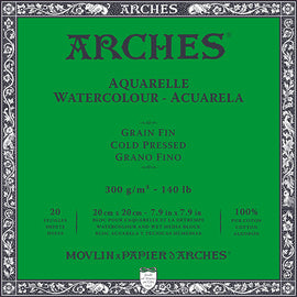 Arches Aquarelle Watercolour paper packaging with green background and white text