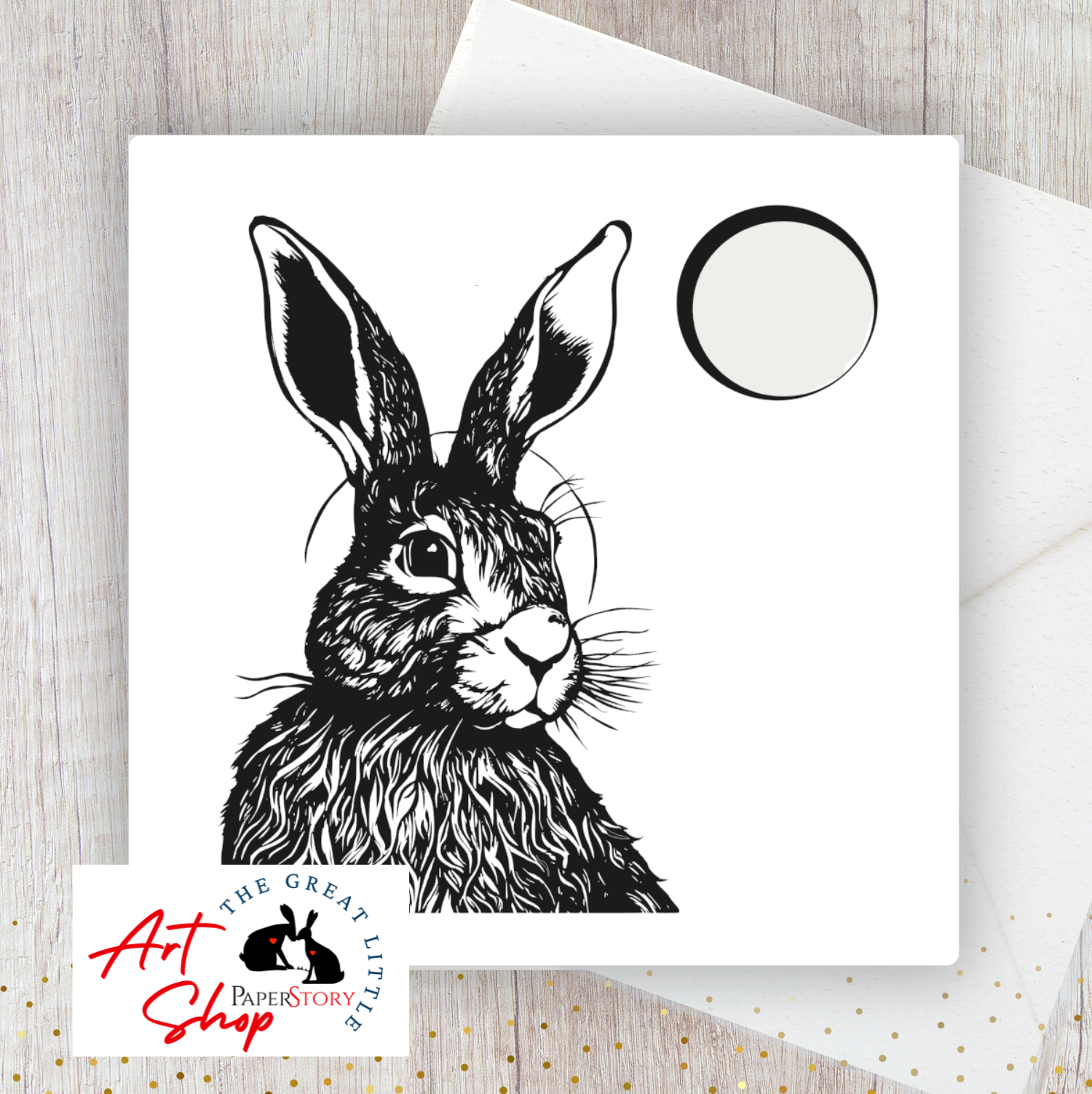 Hare & Moon Greetings Card & Envelope with Painted Silver Moon