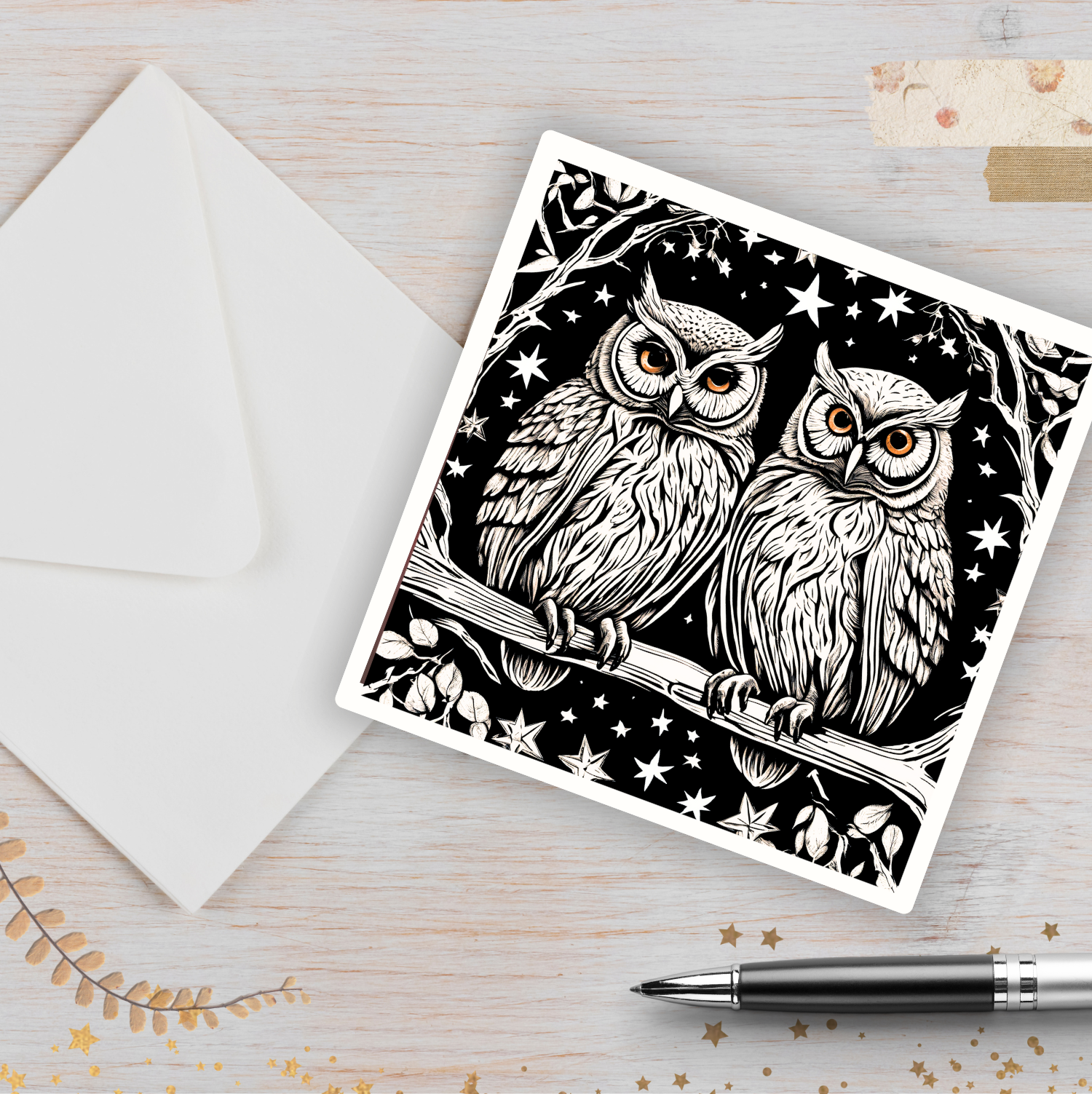 Pair of owls Lino cut style  Greetings Card & Envelope