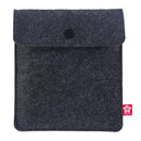 Dark gray felt pouch with a button on a white background