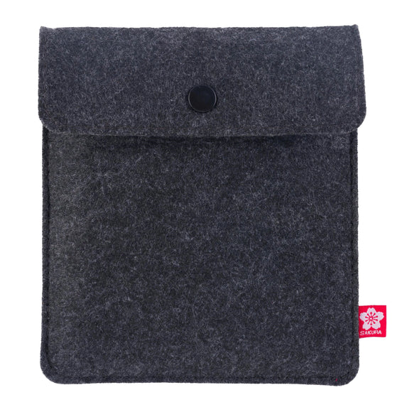 Dark gray felt pouch with a button on a white background