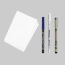 Set of drawing tools including pens and paper on a white background