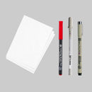 Set of art supplies including a red marker, a black pen, a clear ruler, and white paper on a white background.
