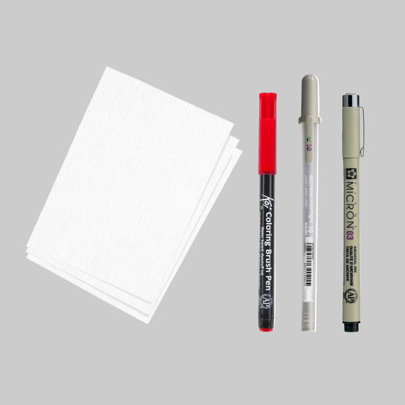 Set of art supplies including a red marker, a black pen, a clear ruler, and white paper on a white background.