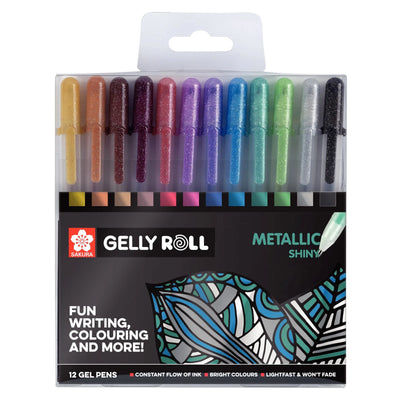 Pack of Gelly Roll metallic gel pens with colorful packaging on a white background