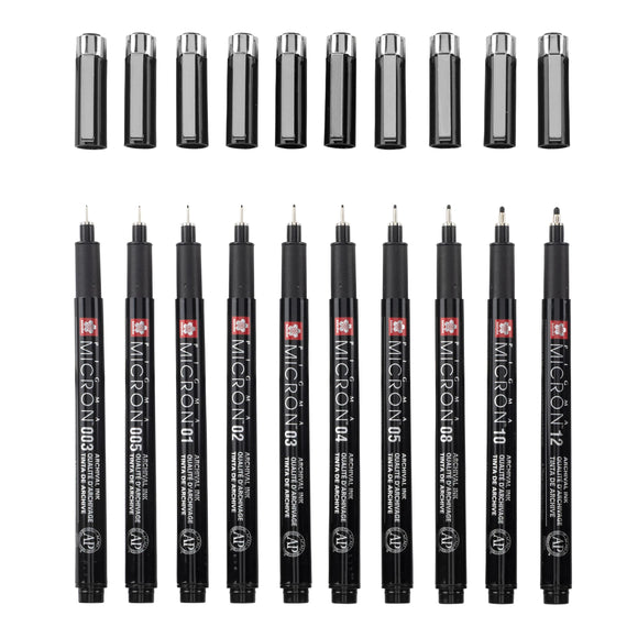 Pigma Micron Black Edition set of 10 + free stylish felt pen case