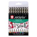Pack of Sakura Pigma Brush Pens with branding and product details on a white background