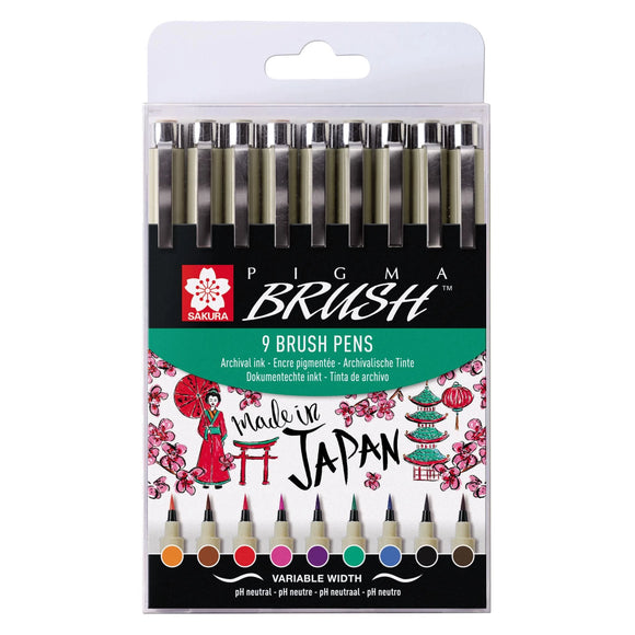 Pack of Sakura Pigma Brush Pens with branding and product details on a white background