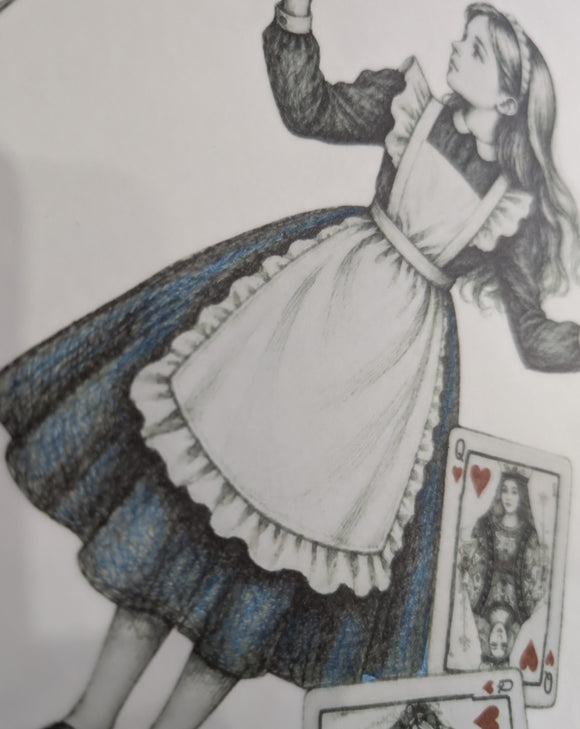 Illustration of a character in a dress with playing cards on a white background by Angela Park