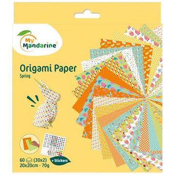 Pack of My Mandarine origami paper with colorful designs on a yellow background