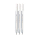 Three white pens with silver accents on a white background