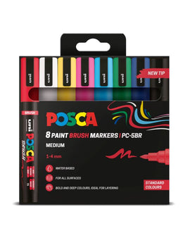 Packaging of Posca paint brush markers with colorful markers inside on a white background
