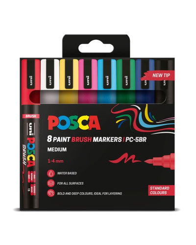 Packaging of Posca paint brush markers with colorful markers inside on a white background