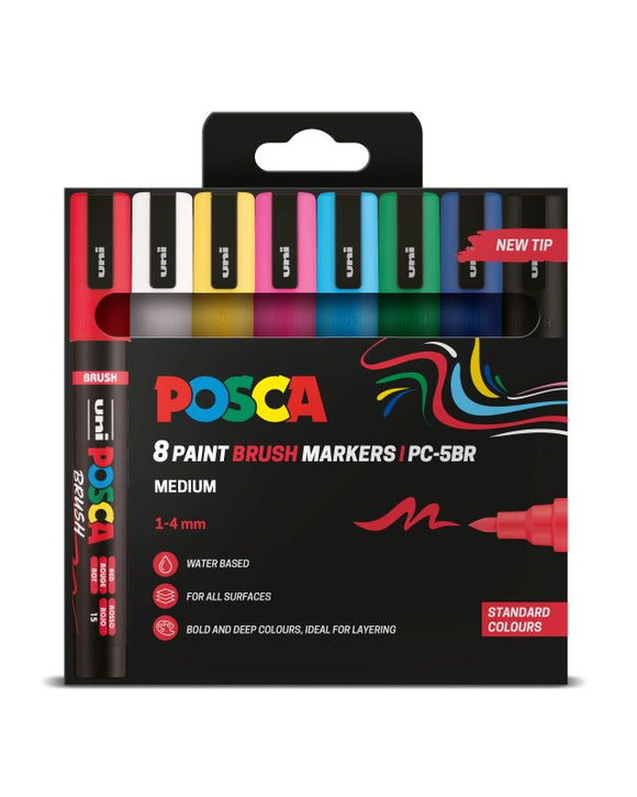 Packaging of Posca paint brush markers with colorful markers inside on a white background