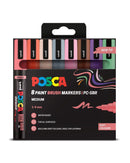 Packaging of Posca paint brush markers with color swatches on a white background