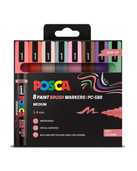 Packaging of Posca paint brush markers with color swatches on a white background