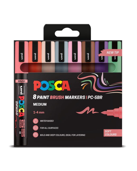 Packaging of Posca paint brush markers with color swatches on a white background