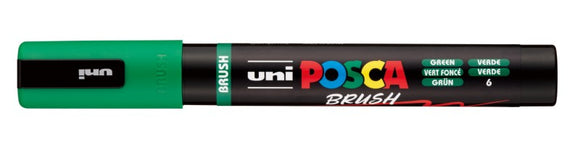 Uni Posca brush marker with green cap on a white background