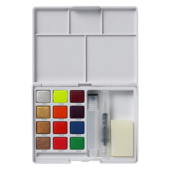 Watercolor paint set with various colors and a brush on a white background