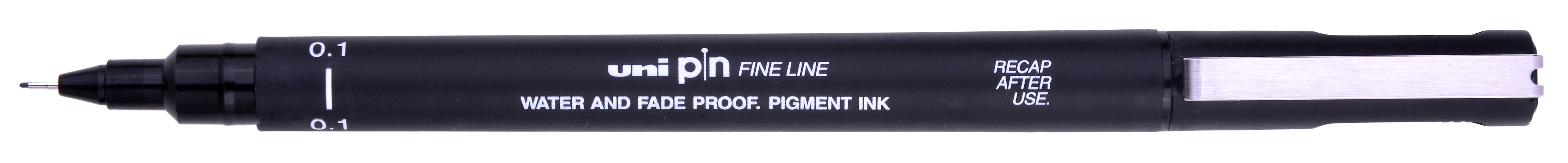Uni Pin Fine Line Black Waterproof Drawing Pen 0.1mm creates a very fine line.