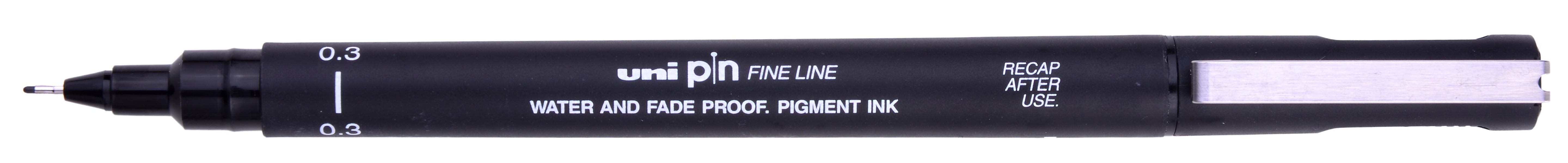 Uni Pin Fine Line Black Waterproof Drawing Pen 0.3mm creates a fine line.