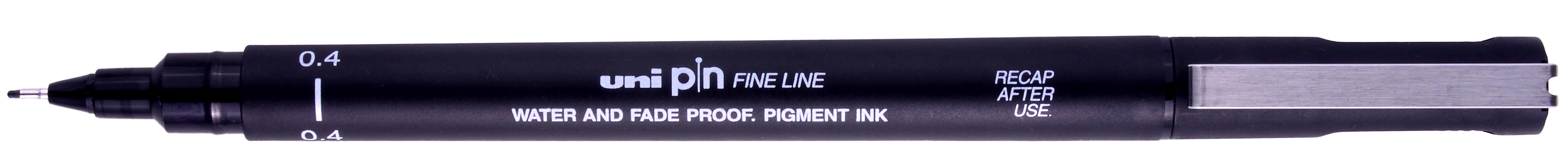 Uni Pin Fine Line Black Waterproof Drawing Pen 0.4mm. The Uni Pin pen range uses fade proof, waterproof pigment ink.