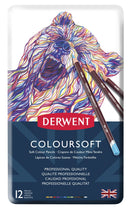 Derwent Coloursoft Pencils set 12 tin. The pencils have a soft, velvety strip, ideal for the quick application of bold colour. Contains Deep Cadmium, Bright Orange, Red, Deep Fuchsia, Indigo, Blue, Green, Lime Green, Dark Brown, Dark Terracotta, Black and White.
